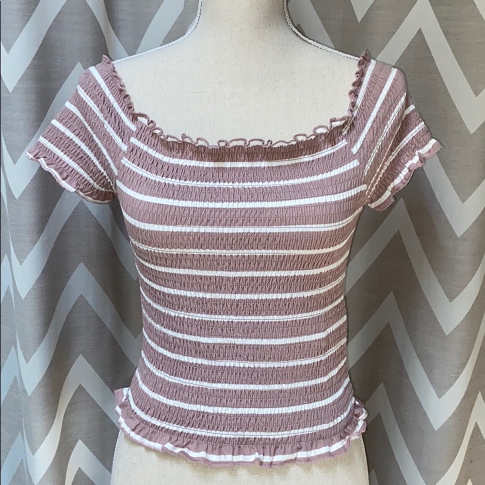 Smocked Ruched Pink White Stripe Off Shoulder Top Shirt Elasticized Lettuce Trim